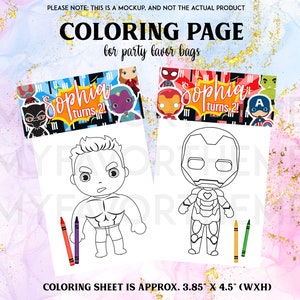 Superheroes Coloring Page for Favor Box, Heroes Favor Box Stuffer, Party Favor Bag, Birthday Party Bag, Birthday Decorations