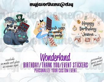 Wonderland Birthday Stickers, Thank You Stickers, Party Labels Favors for Treat Bag