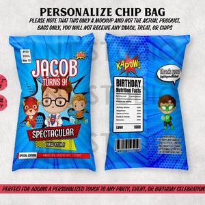 Baby Superheroes Comic Book Personalize Chip Bag, Snack Bag, Treat Bag, Party Favor Bag for Birthday Party