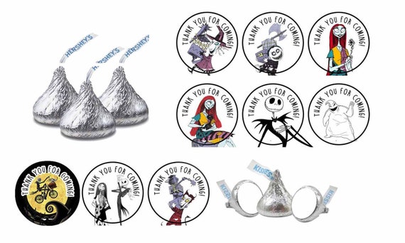 Nightmare Sally Jack Birthday Stickers, Nightmare Thank You Stickers, Party Labels Favors for Hershey Kisses