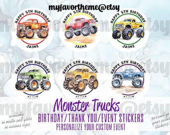 Personalize birthday sticker, custom monster truck design for kids' birthday party, perfect for fun celebrations