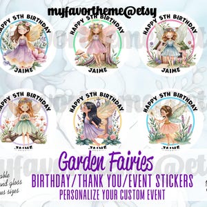 Personalize Birthday Sticker, Cute Garden Fairies Design for Kids Birthday Party, Ideal Gift for Fairy Lovers