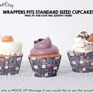 May include: Three cupcakes with different frosting colors and toppings, each with a cupcake wrapper featuring a black and white pattern of keys, envelopes, and padlocks. The text "WRAPPERS FITS STANDARD SIZED CUPCAKES" is at the top of the image. The text "FINAL FIT AND LOOK WILL SLIGHTLY VARIES" is below the first line of text. The text "This is only a MOCK UP. Message if you would like to see the actual product." is at the bottom of the image.