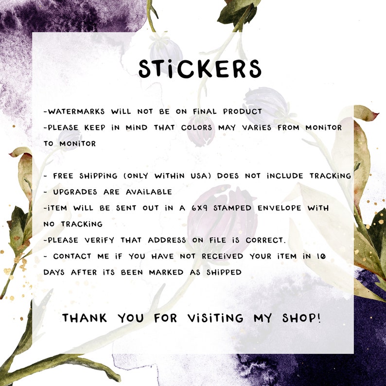 Op de afbeelding: Een digitale illustratie van aquarelbloemen met een wit tekstvak dat "STICKERS" zegt en informatie bevat over verzending, upgrades en tracking. De tekst zegt ook "BEDANKT VOOR JE BEZOEK AAN MIJN WINKEL!"