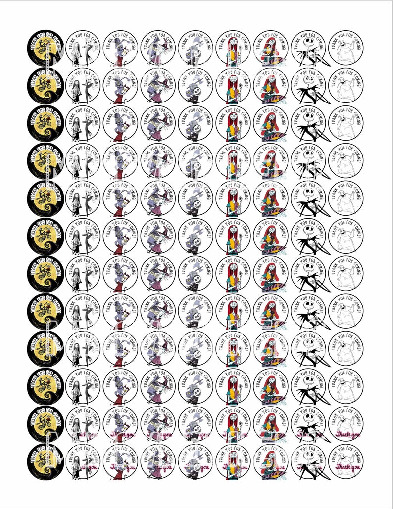 Op de afbeelding: Een set van 64 ronde stickers met personages uit The Nightmare Before Christmas. De stickers zijn wit met zwarte contouren en bevatten verschillende personages uit de film, waaronder Jack Skellington, Sally en Oogie Boogie. De stickers zeggen "Bedankt voor je komst!" in zwarte tekst.