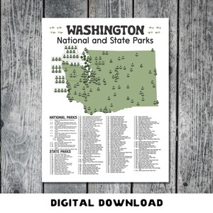May include: A poster titled "Washington National and State Parks" features a green map of Washington state with illustrations of trees. The poster includes a list of national and state parks. The words "DIGITAL DOWNLOAD" are at the bottom.