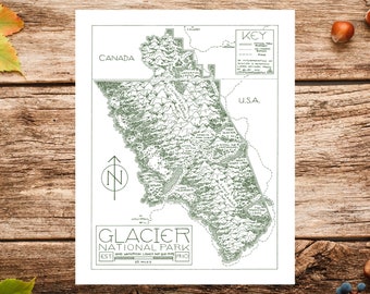 Puede incluir: Un mapa vintage del Parque Nacional Glacier y el Parque Nacional Waterton Lakes en Montana, EE. UU. El mapa muestra los límites del parque, las carreteras principales, los lagos y las montañas. El mapa está impreso en negro y verde sobre papel blanco. El texto en el mapa dice "Glacier National Park and Waterton Lakes National Park, Est 1910, 15 Miles."