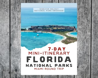 May include: A white and red graphic with the text "7-DAY MINI-ITINERARY FLORIDA NATIONAL PARKS MIAMI ROUND TRIP" on a white background with a torn edge. The background image is a blue ocean with a small island and a fort.