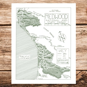Carte du parc national Redwood Imprimer | Carte du parc national Redwood | Affiche de la carte Redwood | Affiche du parc national Redwood
