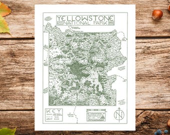 Yellowstone National Park Map Art Print: Hand-Drawn Fountain Pen Illustration