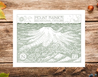 Mount Rainier National Park Map Art Print: Hand-Drawn Fountain Pen Illustration