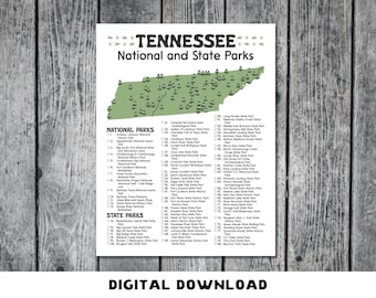 May include: A white checklist poster titled Tennessee National and State Parks featuring a green map of Tennessee with small tree icons. Below the map are two columns listing National and State Parks with checkboxes for tracking visits.