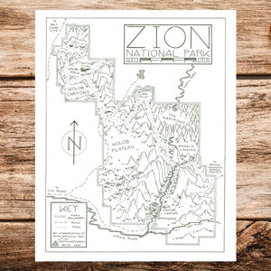 Impression de la carte du parc national de Zion | Carte du parc national de Zion | Affiche de la carte de Sion | Affiche du parc national de Zion