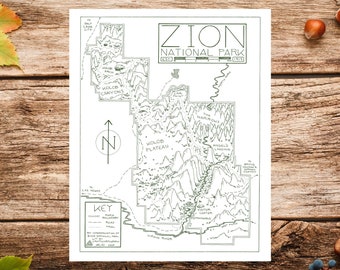 Zion National Park kaart afdrukken | Kaart van Zion National Park | Zion kaartposter | Zion National Park-poster