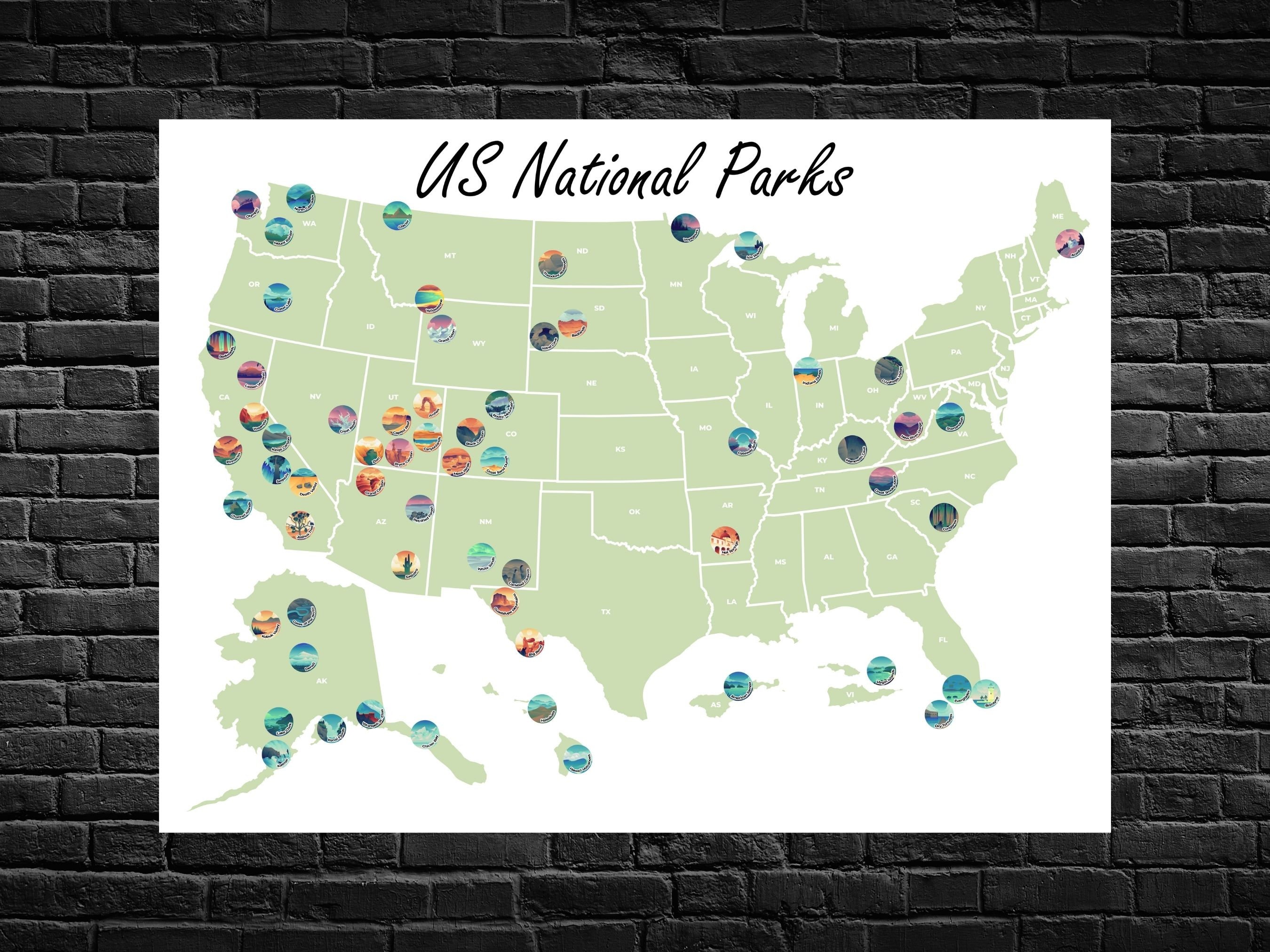 US National Park Map Poster / 63 National Parks Checklist Poster