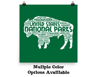 62 National Park Poster Bison Word Art / 62 National Park Print / National Park Travel Poster / National Park Art Print