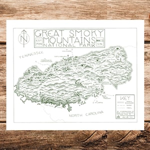 Impression de carte du parc national des Great Smoky Mountains | Carte du parc national des Great Smoky Mountains | Affiche du parc national des Great Smoky Mountains