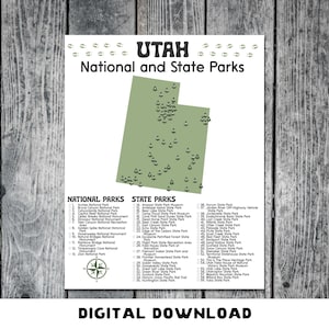 May include: A white poster with the text "UTAH National and State Parks" and a green map of Utah. The poster includes a list of national and state parks, a compass rose, and the words "DIGITAL DOWNLOAD".