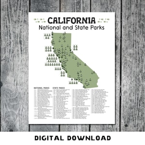 May include: A white poster with a green map of California, featuring tree icons indicating national and state parks. The text "CALIFORNIA National and State Parks" is at the top. Below the map are lists of park names. The words "DIGITAL DOWNLOAD" are at the bottom.