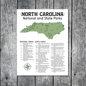 Puede incluir: Una impresión titulada "North Carolina National and State Parks" presenta un mapa verde de Carolina del Norte con las ubicaciones de los parques marcadas. La impresión incluye listas de Parques Nacionales y Estatales, y una rosa de los vientos. El fondo es una textura de vetas de madera.