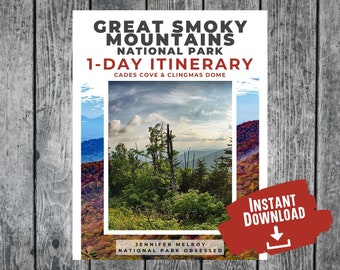 May include: A printable digital download for a one-day itinerary to Great Smoky Mountains National Park. The itinerary includes Cades Cove and Clingmans Dome. The image features a scenic view of the mountains with fall foliage.