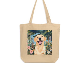 Happy Labrador in the Mountain Wildflowers Eco Organic Tote Bag, Labrador Dog Gifts for Owners, Dog Totes, Everyday Tote, Eco Tote Bag