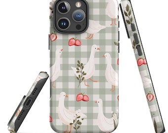 Cottagecore iPhone Tough Case, Strawberry Duck Gingham