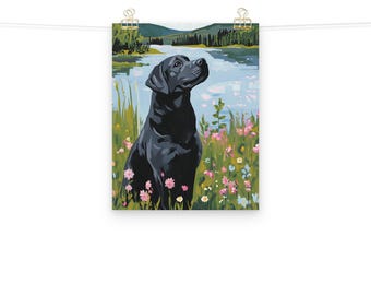 Könnte beinhalten: Ein schwarzer Labrador Retriever sitzt in einem Feld mit rosa und violetten Wildblumen. Der Hund schaut nach oben und nach rechts. Im Hintergrund sind ein See und Bäume zu sehen.
