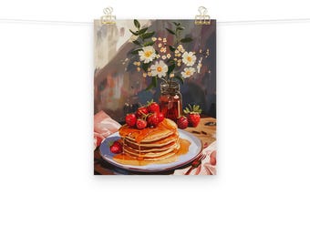 Erdbeer-Pfannkuchen Frühstück Gemälde Kunstdruck Poster 13x18, 8x10, 11x14
