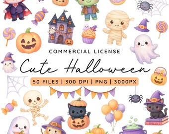 Cute Halloween Clipart: Kawaii Elements PNG Bundle (Digital Download)