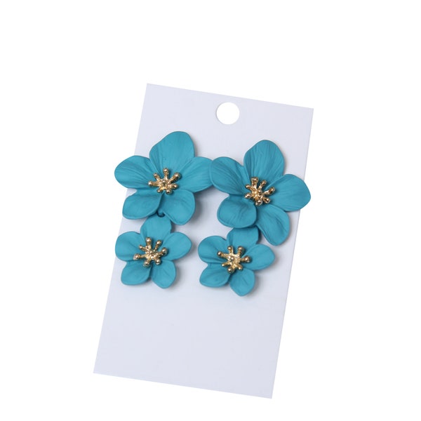 Statement Earrings | Teal Earrings | Flower Earrings | Gold Earrings | Summer Earrings | Drop Earrings | Blue Earrings | Floral Earrings |