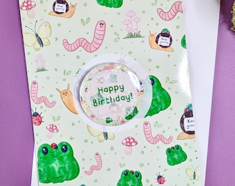 Happy birthday, A5 greetings card, Happy anniversary, cute card, card with button badge, frogs snails and worms, personalised card