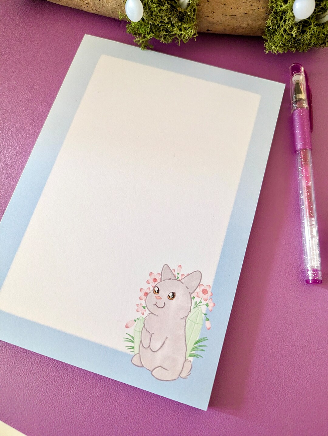 A5 Notepad, Blank Pages, Colourful Blue Rabbit, Crystal and Flowers ...