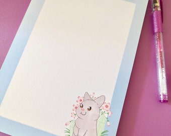 A5 notepad, blank pages, colourful blue rabbit, crystal and flowers notepad, desk notepad, cute springtime notepad, daily planner notebook