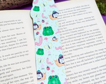 Cute frogs, snails and bugs bookmark, colourful bookmark, Cottagecore bookmark, bookworm bookmark