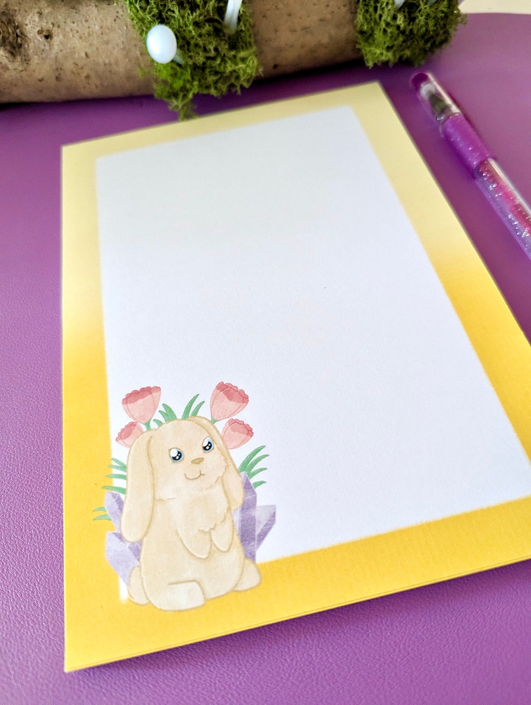 A5 Notepad, Blank Pages, Colourful Yellow Rabbit, Crystal and Flowers ...