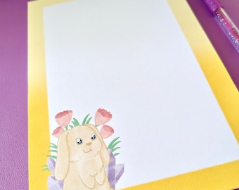 A5 notepad, blank pages, colourful yellow rabbit, crystal and flowers notepad, desk notepad, cute springtime notepad, daily planner notebook