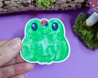 Cute frog sticker, glossy sticker, frog and bugs sticker, ladybird sticker, cute sticker