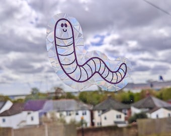 Cute smiley worm window cling, window decal, rainbow window sticker, rainbow maker