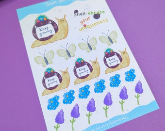 Cute snails and flowers sticker sheet, motivational snail sticker sheet, planners and journalling, cottagecore