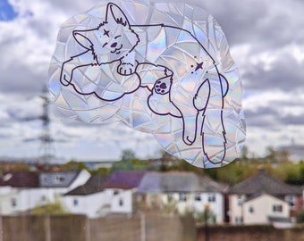 Cute star kitty on a cloud window cling, window decal, rainbow window sticker, rainbow maker