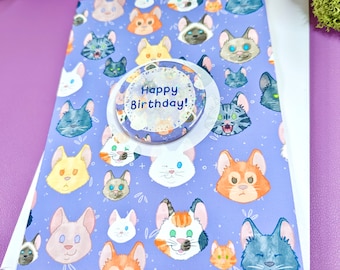 Happy birthday, A5 greetings card, Happy anniversary, cute card, card with button badge, cute cat faces, personalised card