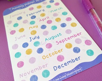 Month and dots planner stickers, matte sticker sheet, monthly planner stickers, journaling stickers, bullet journal