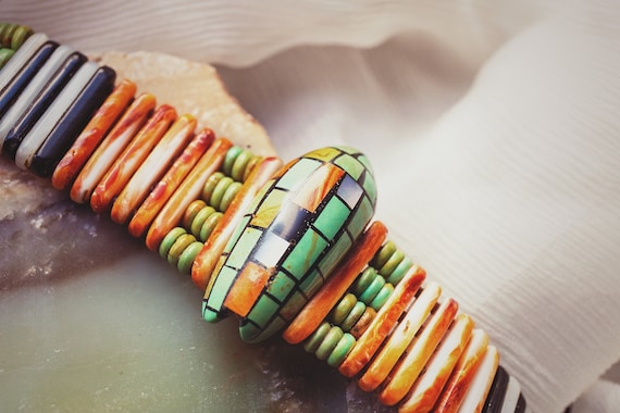 Native American Turquoise Inlay Shell Beaded Chok… - image 3