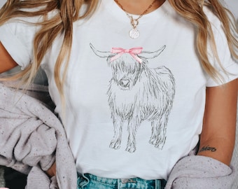 Highland Cow Shirt, Balletcore Shirts, Girly Shirt, Farm Girl Shirt, Coquette Clothing, Trendy Graphic Tees, Cute Cow Tshirt