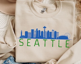 Seattle Sweatshirt, Seattle Washington Crewneck, Seattle Football Sweatshirt, Seattle Skyline Shirt, Green and Blue Seattle Sweater