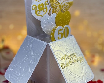Tarjeta de aniversario desplegable dorada personalizada, recuerdo del 50.º aniversario, regalo 3D hecho a mano.