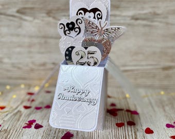 Tarjeta personalizada de 25.º aniversario de bodas de plata, recuerdo desplegable, regalo de felicitación 3D hecho a mano.