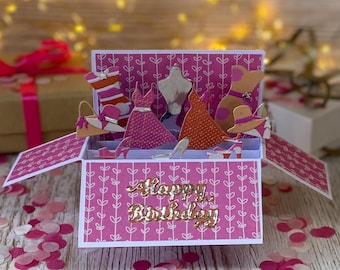 Tarjeta de cumpleaños de moda emergente personalizada, recuerdo de caja explosiva, regalo de ropa y accesorios