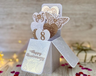 Tarjeta desplegable para octavo aniversario de bodas, saludo 3D personalizado en bronce.